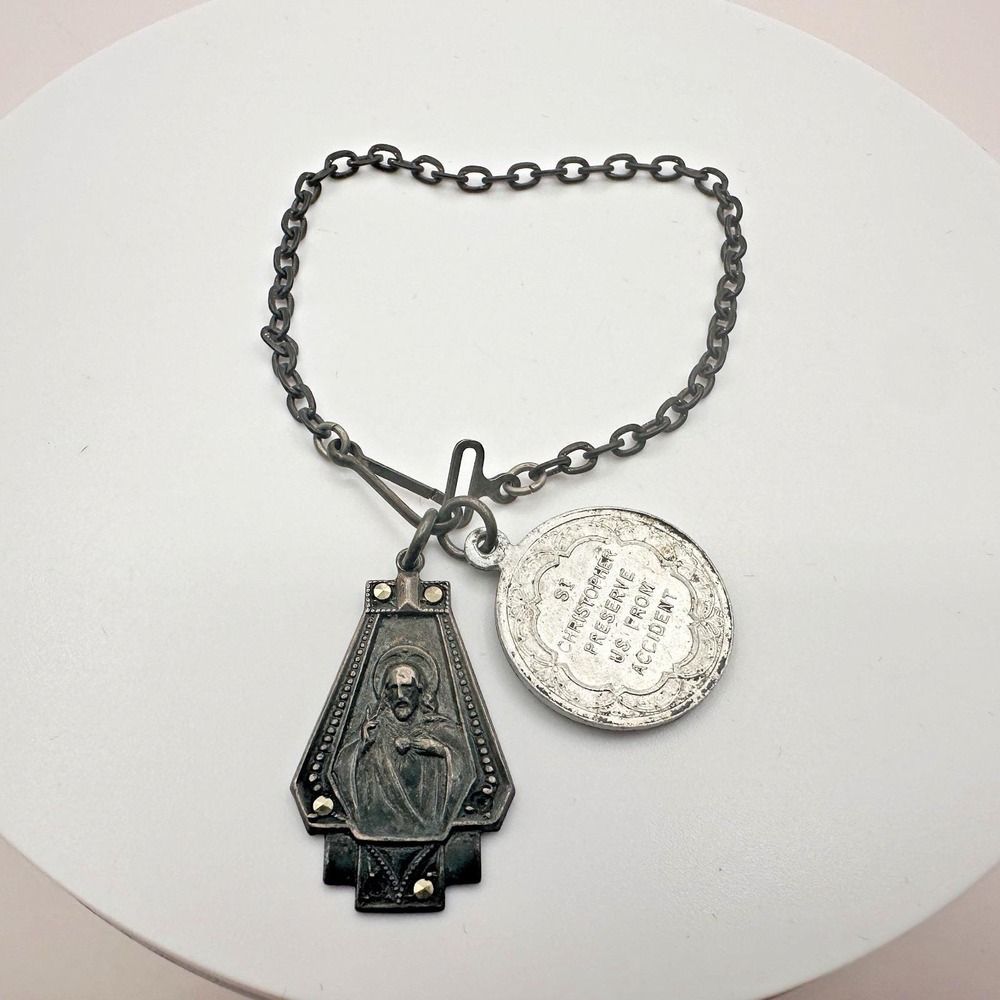 Vintage 90s St. Christopher Preserve Us From Accident Medal Charm Bracelet